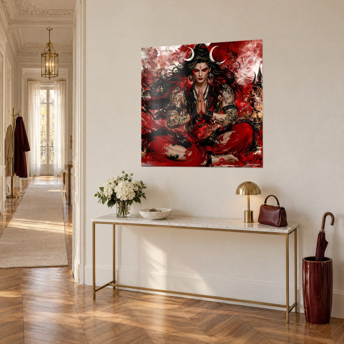Wall art of a tattooed Shiva seated in lotus pose, black pearls and purple trousers, crimson splashes, hung above a Haussmann-style console