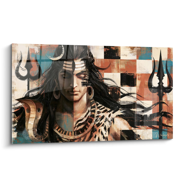 Tableau Visage terracotta et bleu à la mosaïque de carreaux - Fourrure tachetée sur l'épaule - Edition Shiva
