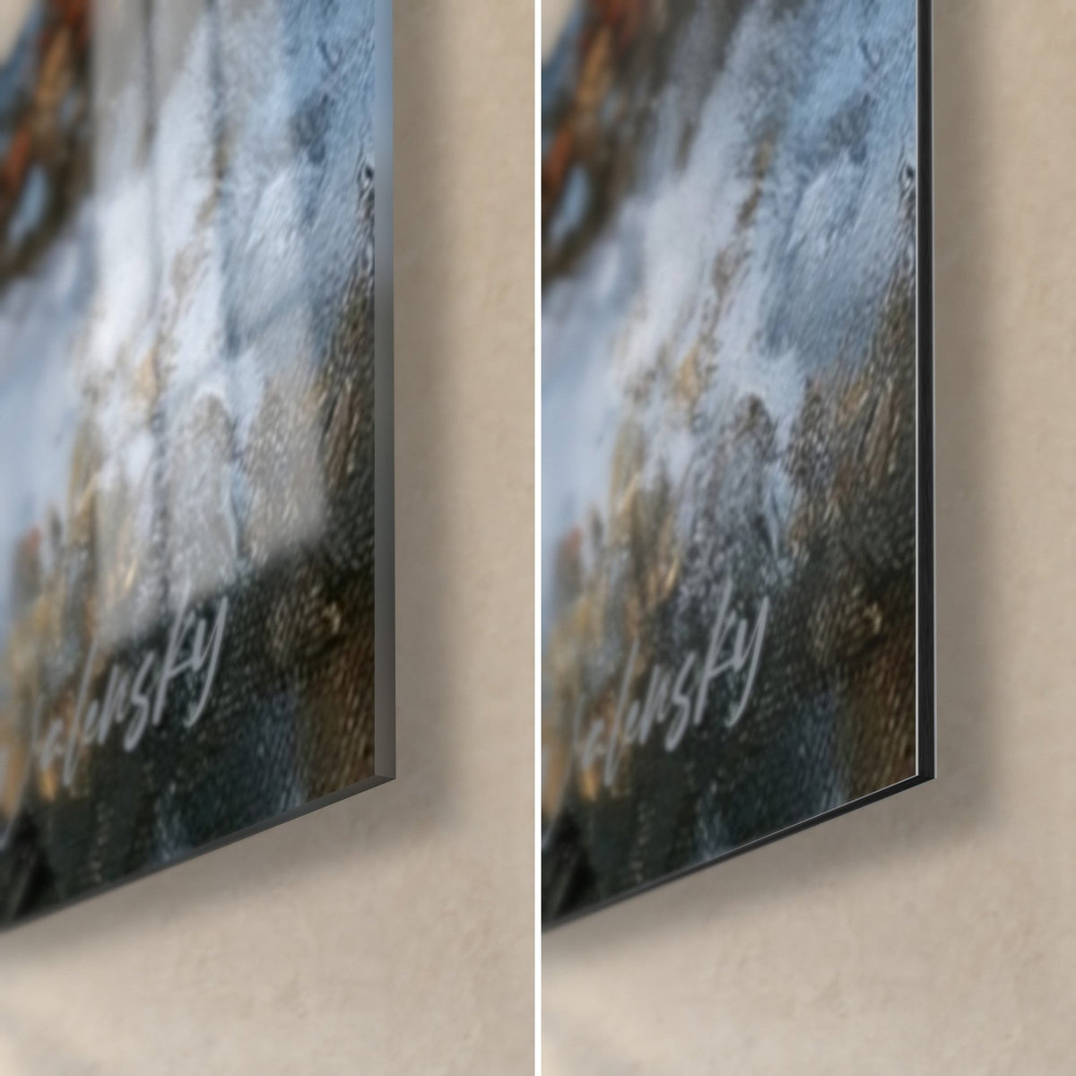Wall art of the trident god, bottom right corner: white and blue mist under glossy glass, matte black Dibond, 3 mm edge