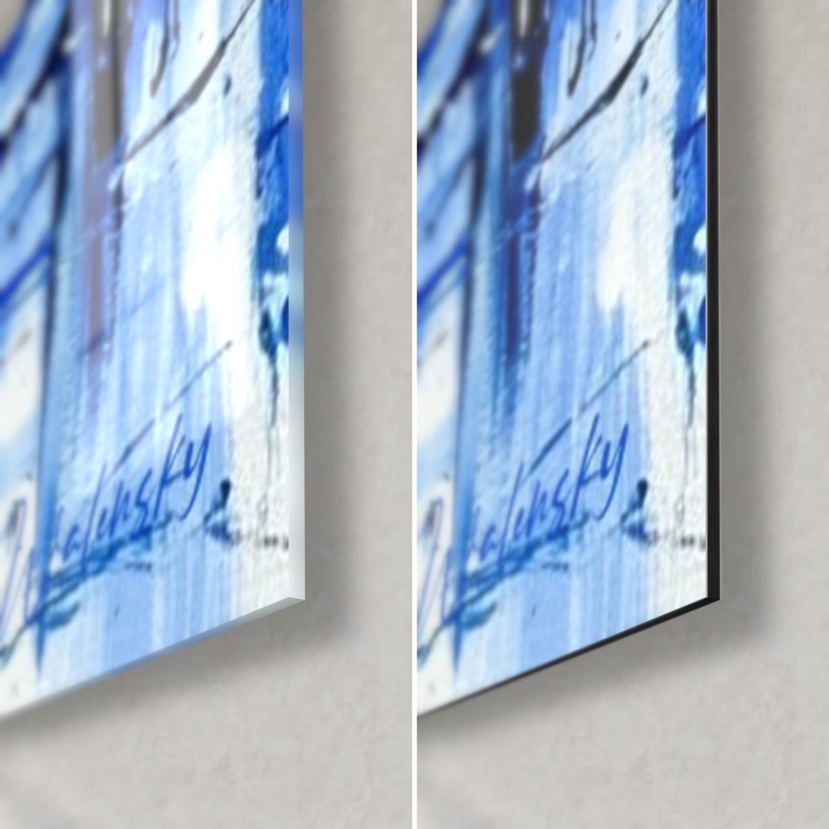 Tableau Shiva bleu et blanc, coin bas droit : verre acrylique brillant à gauche, alu Dibond mat à droite, signature bleu foncé, tranche de 3 mm