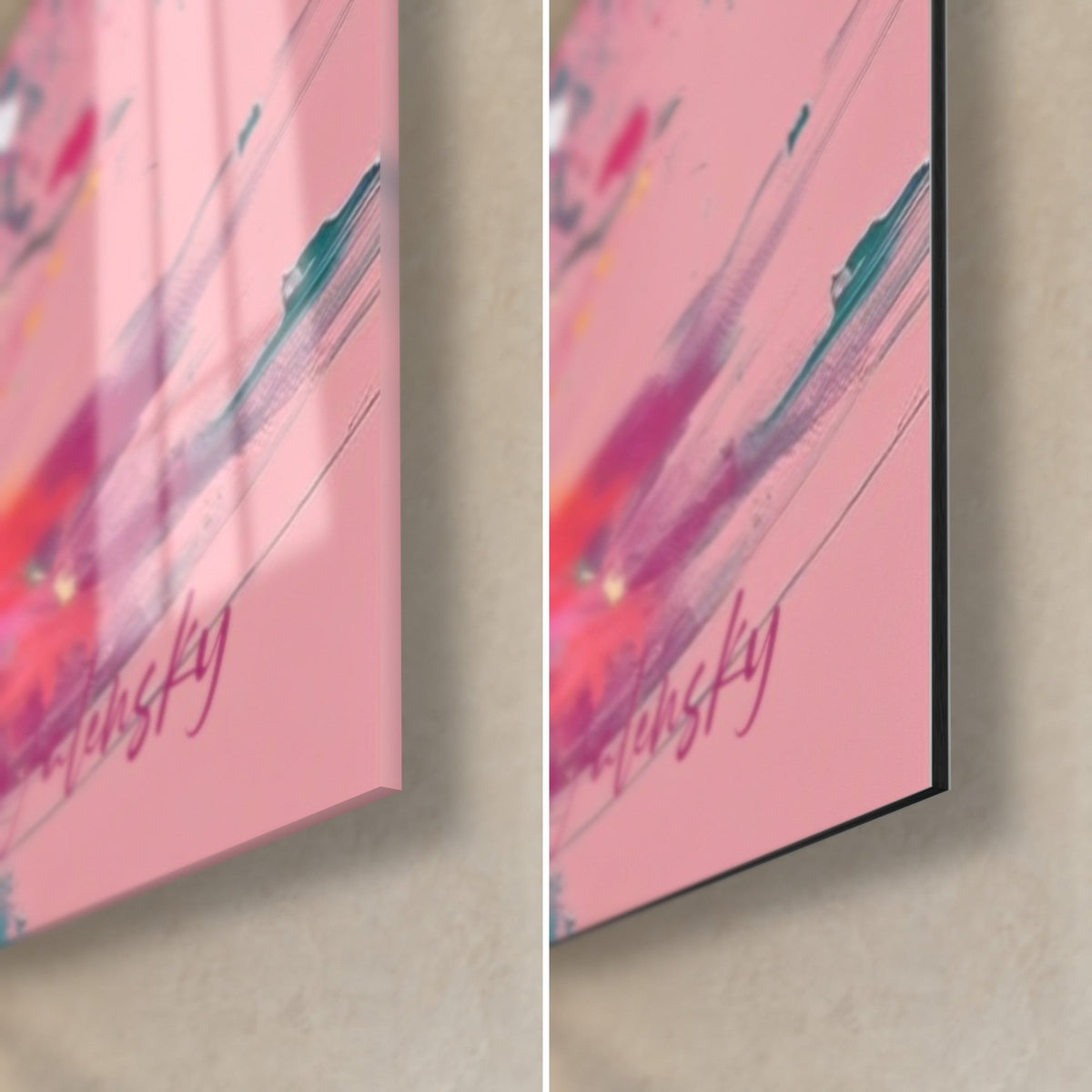 Wall art of Shiva in pink, turquoise and white paint, bottom right corner, glossy glass on the left, matte Dibond on the right, slim edge
