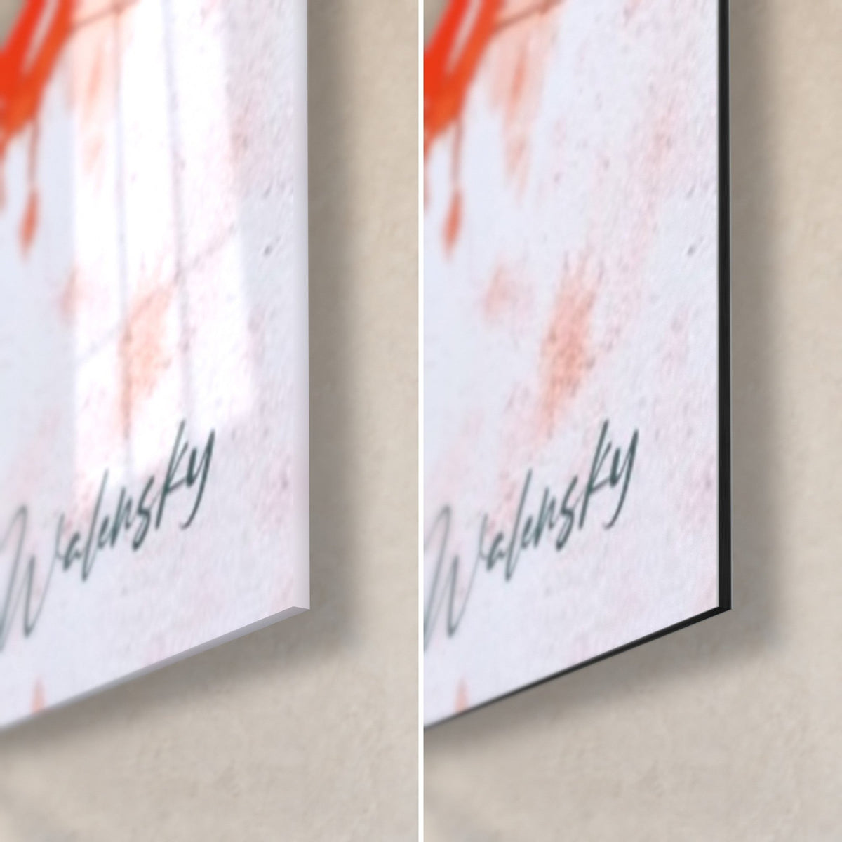 Quadro ritratto di Shiva con colature rosse e bianche, angolo in basso a destra: vetro lucido con riflessi a sinistra, alluminio Dibond opaco a destra