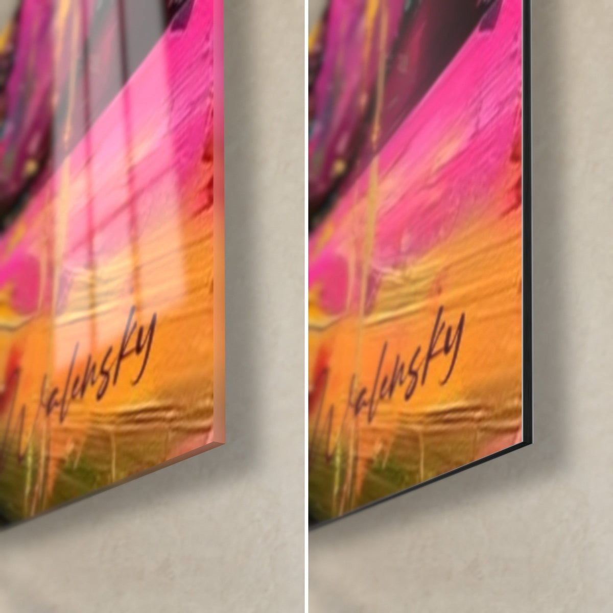 Wall art deity with fuchsia and golden orange splashes, bottom right corner: glossy acrylic glass on the left, matte Dibond aluminium on the right