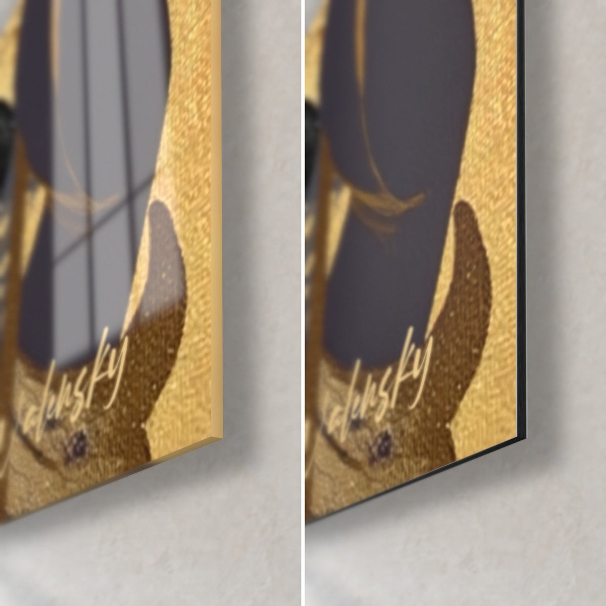 Cuadro de un dios meditando con reflejos dorados, esquina inferior derecha: cristal brillante a la izquierda, Dibond negro mate a la derecha, canto de 3 mm