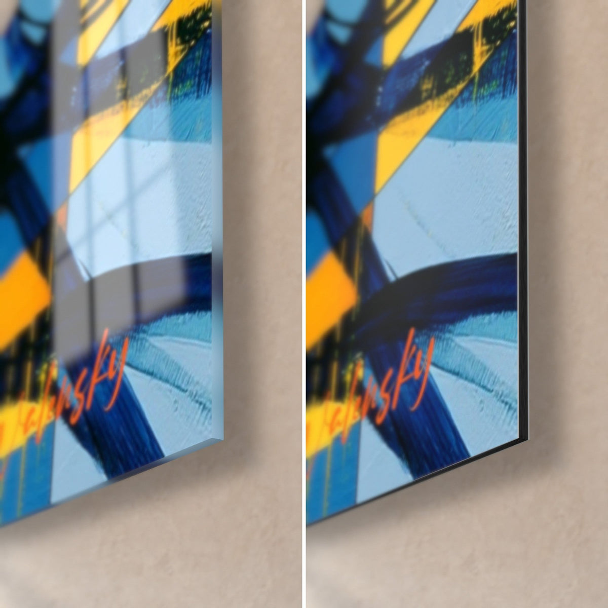 Wall art Shiva in blue and yellow, bottom right corner: glossy acrylic glass on the left, matte Dibond on the right, 3 mm edge