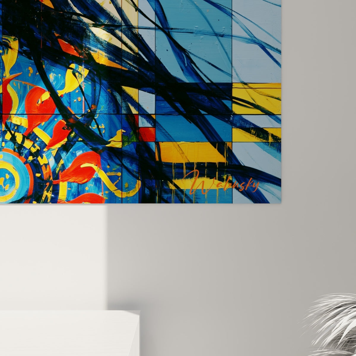 Détail des empâtements bleu marine et rouge du mandala orné de motifs dorés sur la toile