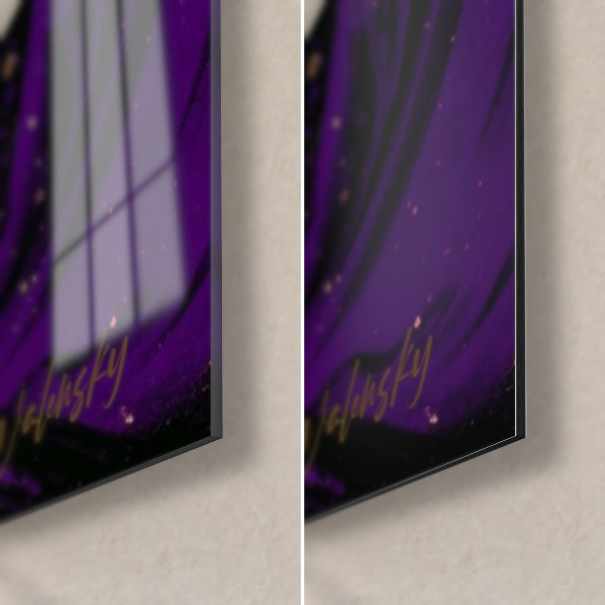 Wall art Shiva in violet and black ink, bottom right corner in glossy acrylic glass and matte Dibond aluminium, 3 mm edge, golden signature