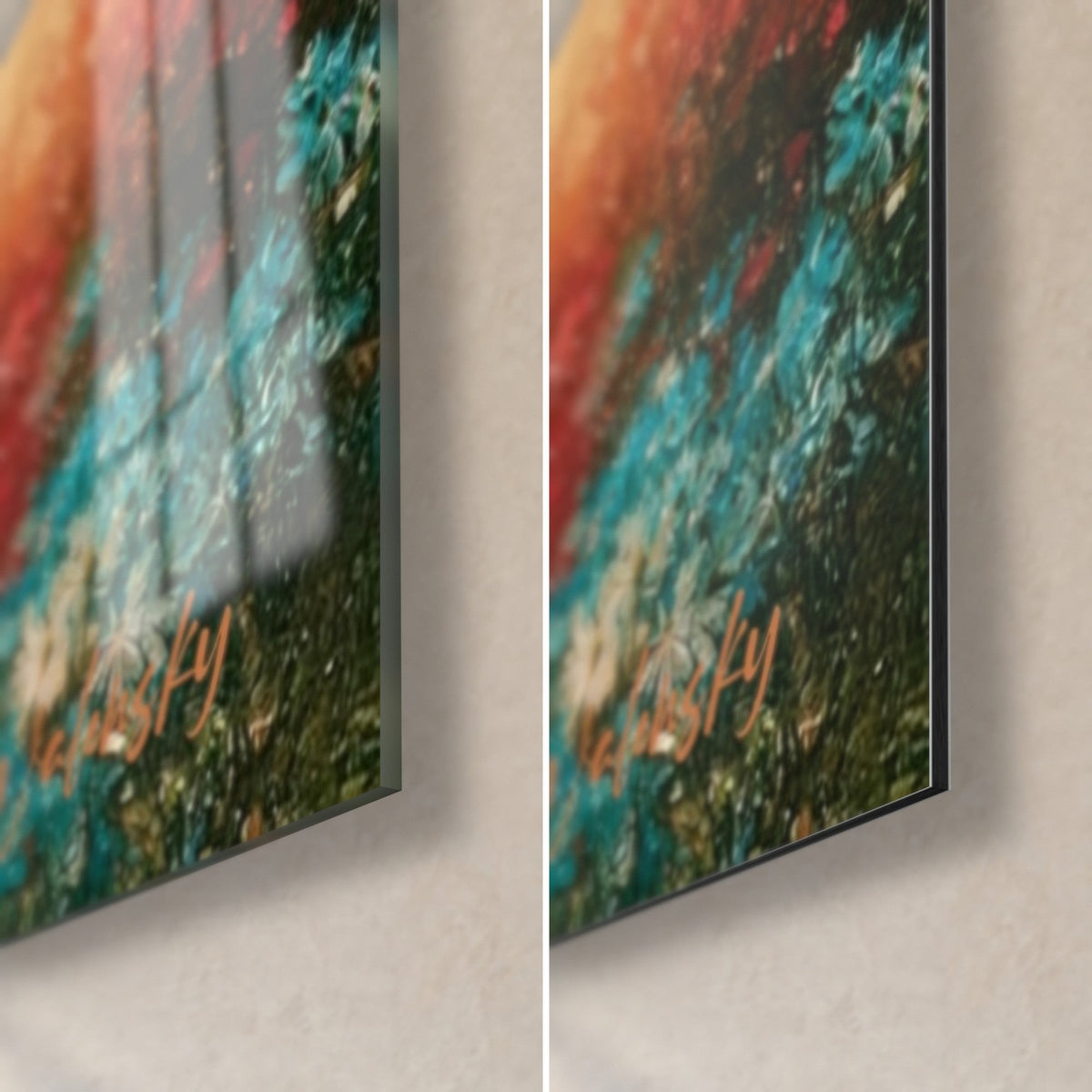 Tableau sage aux fleurs turquoise et rouges, coin bas droit : verre acrylique brillant à gauche, alu Dibond mat à droite, tranche de 3 mm