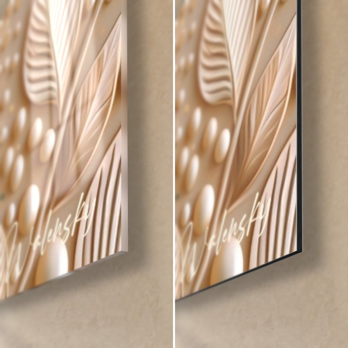 Schilderij gezicht van een vrouw in ivoorkleurige parels, rechtsonder: glanzend acrylglas met reflecties, mat zwart Dibond-aluminium, rand van 3 mm