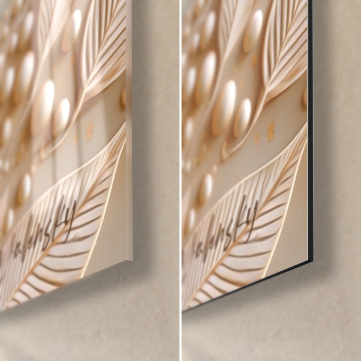 Wall art of a face sculpted in ivory pearls, bottom right corner: gold leaf and signature, glossy glass facing the matte Dibond