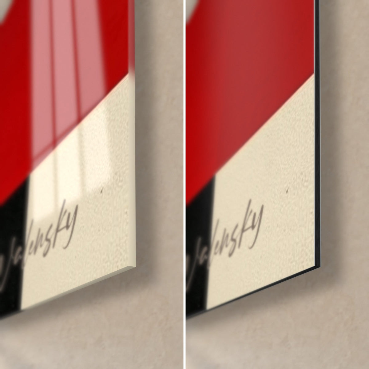 Wall art meditating silhouette, bottom right corner: glossy red and ivory acrylic glass on the left, matte Dibond aluminium on the right, 3 mm edge