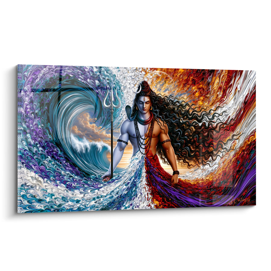 Tableau Shiva au trident entre feu et vague - Fusion des éléments - Edition Shiva