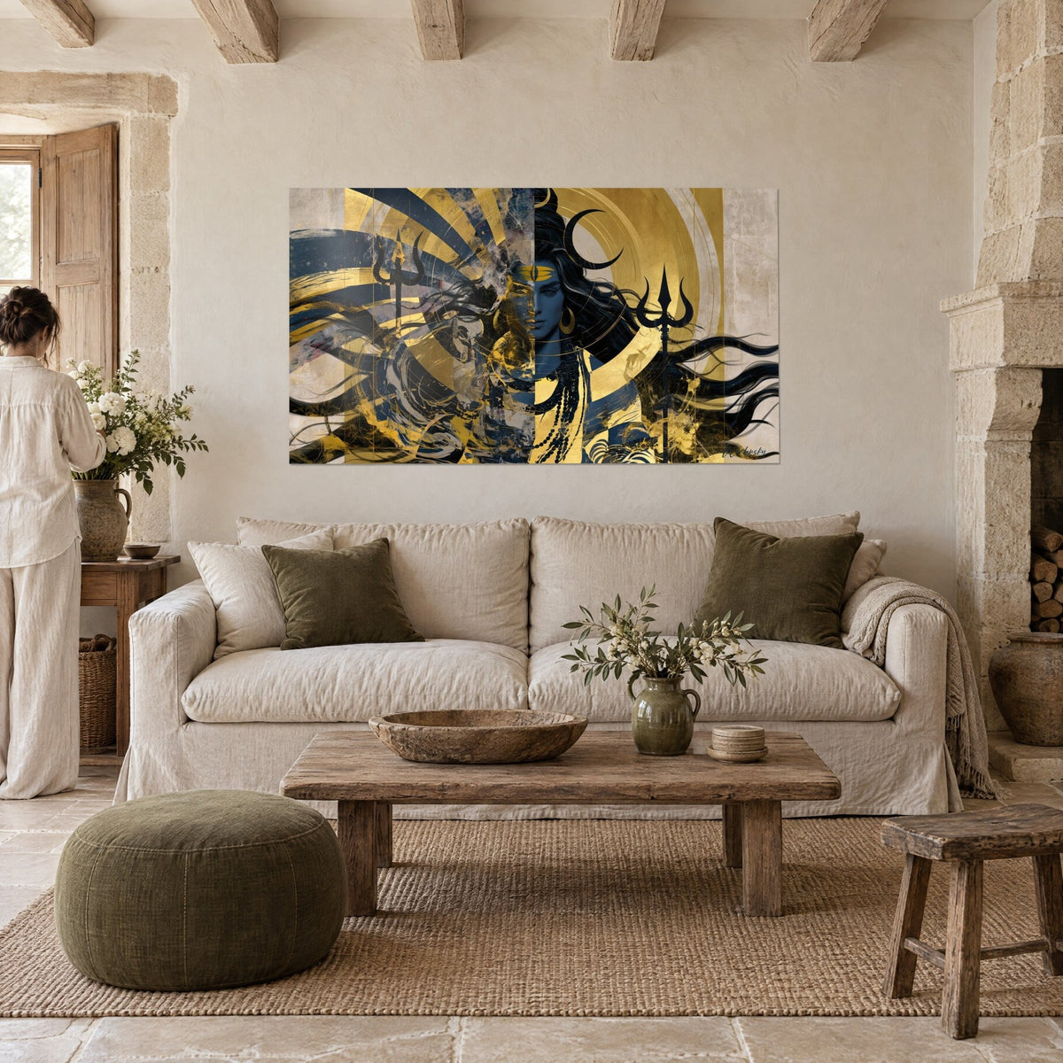Wall art Shiva with a midnight-blue face and crescent moon, gold highlights, above a sofa in a bright living room