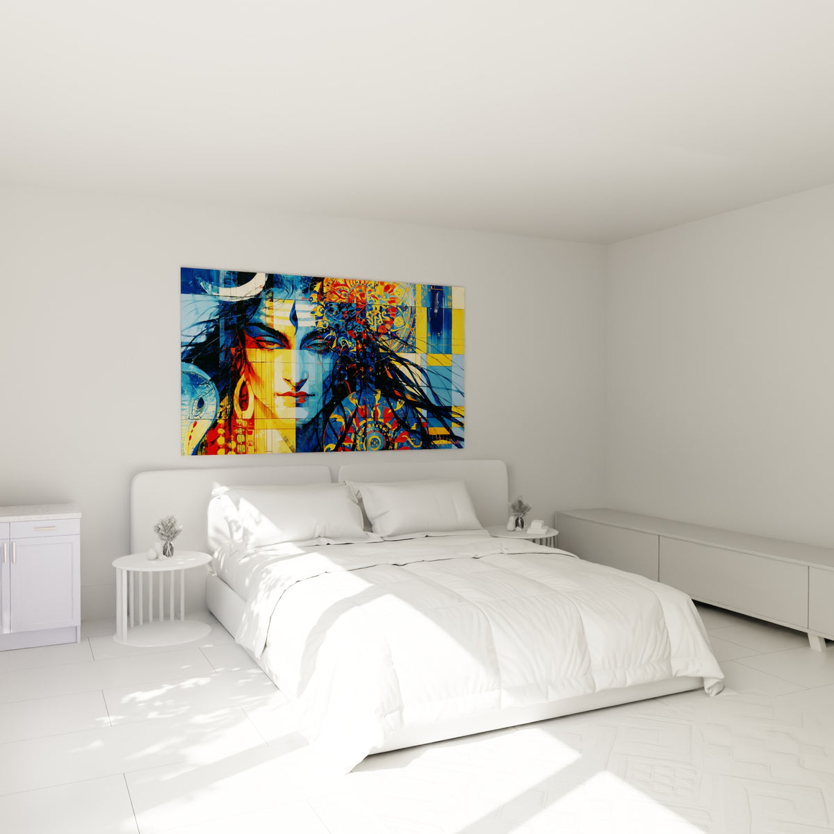 Shiva bicolore bleu et jaune, motifs mandala, au-dessus d'un lit dans une chambre claire