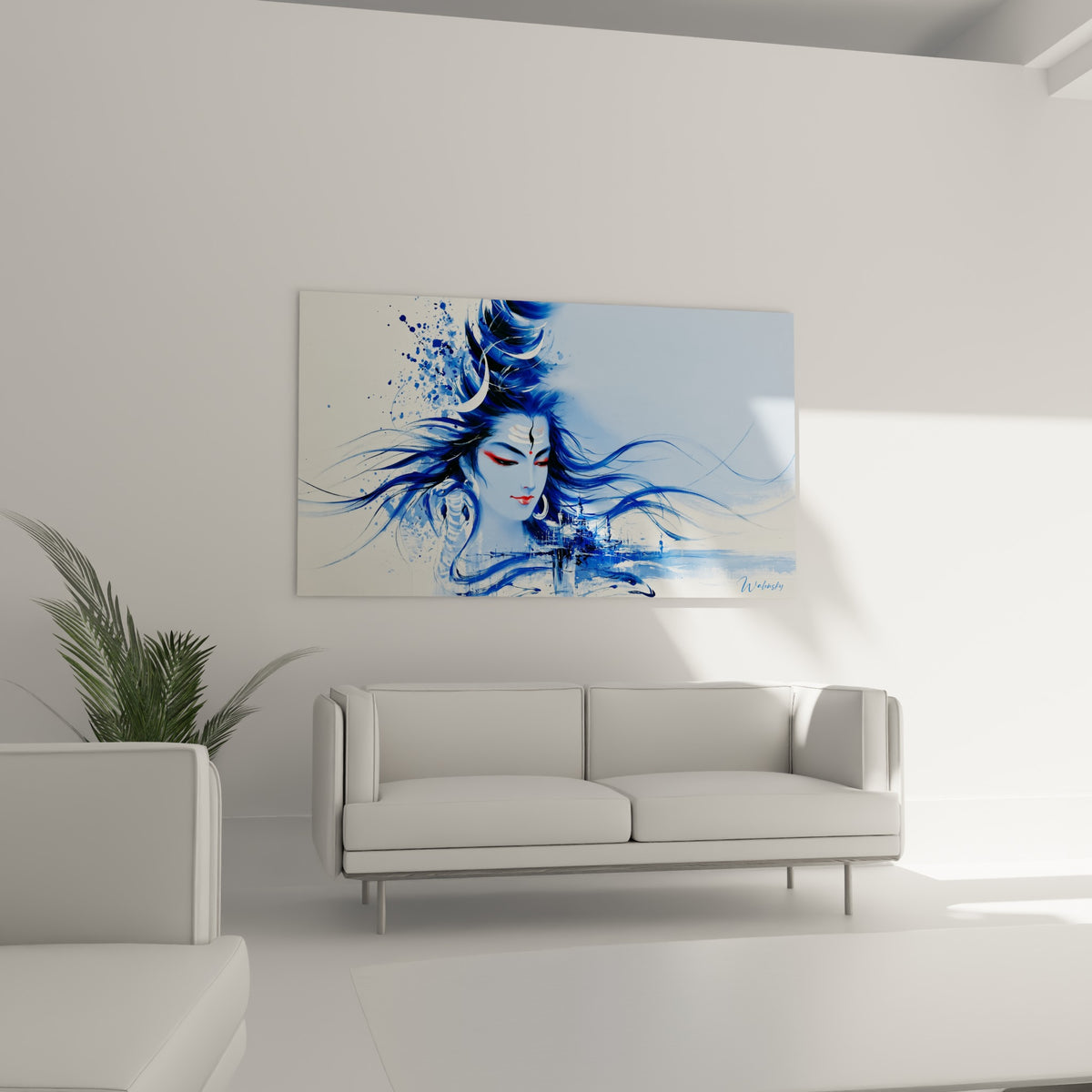 Visage méditatif bleu ciel entouré de mèches indigo et blanches, placé au-dessus d'un canapé dans un salon lumineux
