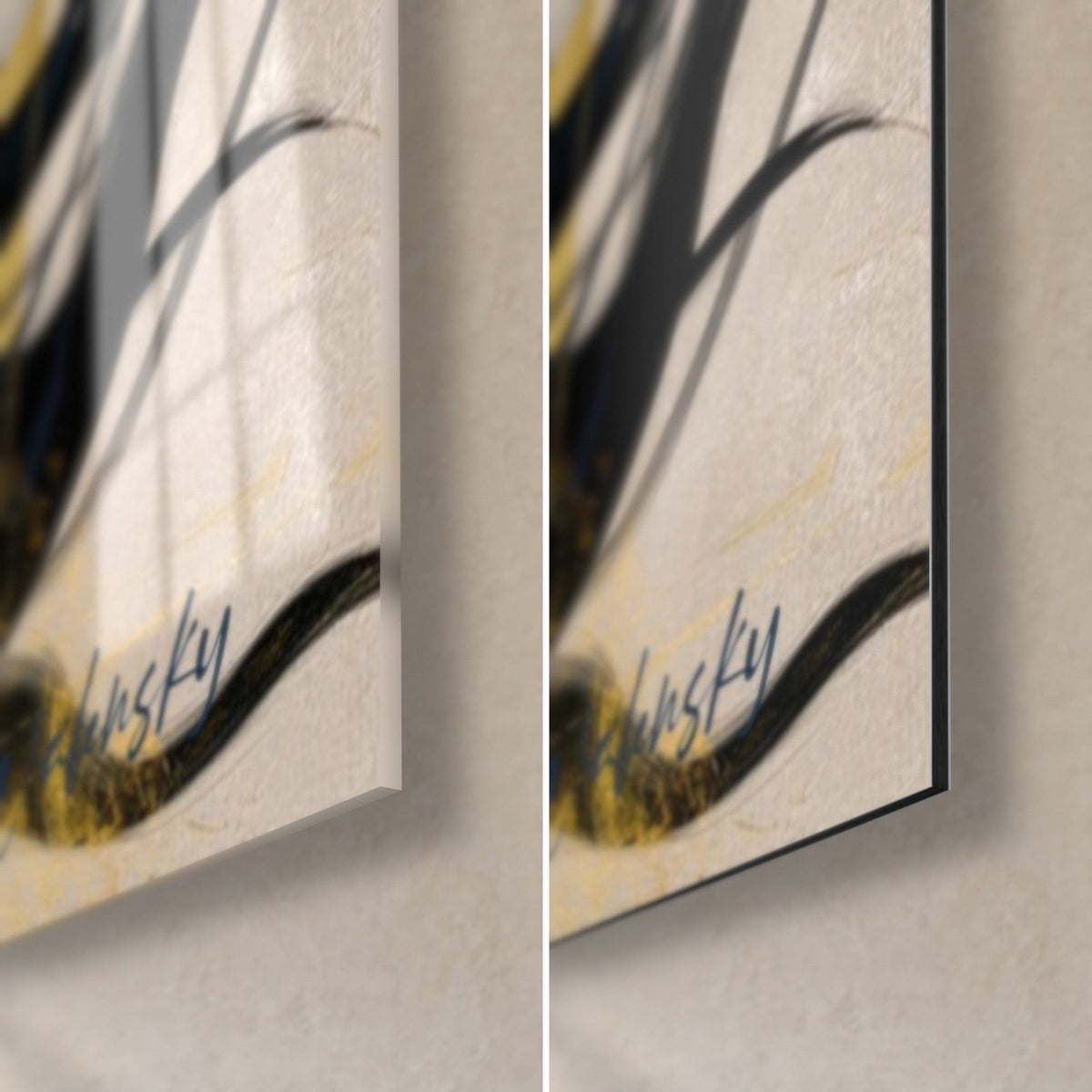 Wall art Shiva with its black signature, bottom right corner: glossy glass on the left, matte Dibond aluminium on the right, 3 mm edge