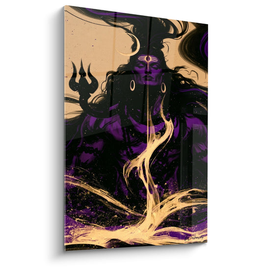 Tableau Visage violet et ivoire au trident sombre - Rivière d'écume dorée - Edition Shiva