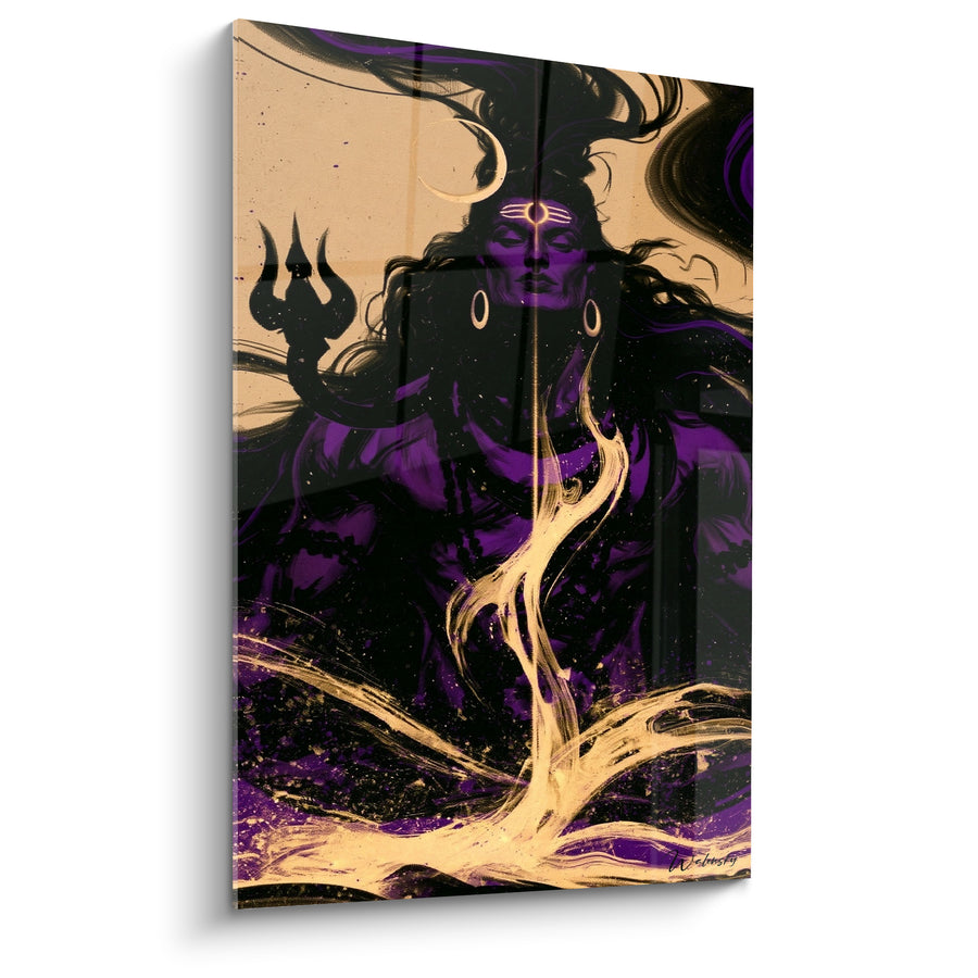 Tableau Visage violet et ivoire au trident sombre - Rivière d'écume dorée - Edition Shiva