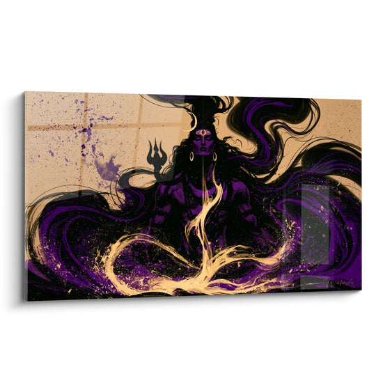 Tableau Divinité violette et noire aux tourbillons d'encre dorée - Trident sombre suspendu - Edition Shiva