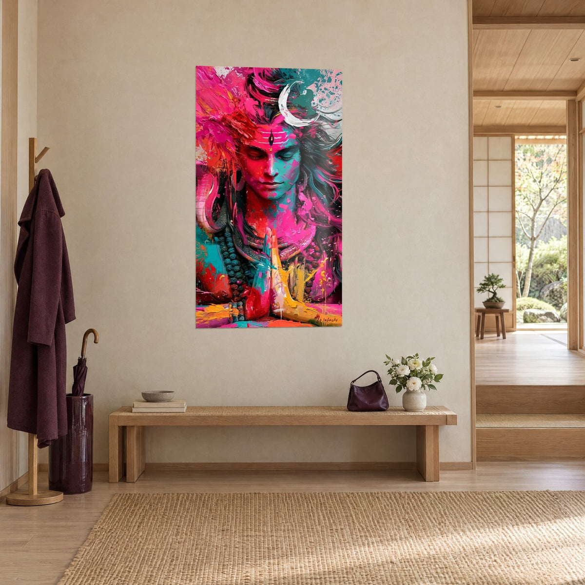 Wall art meditative face with red and yellow drips, closed eyelids, dark hair, three-quarter view in a japandi hallway