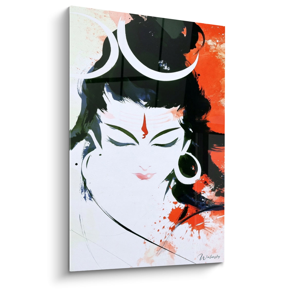 Shiva au visage blanc serein, yeux clos, chevelure anthracite et éclaboussures orange vif