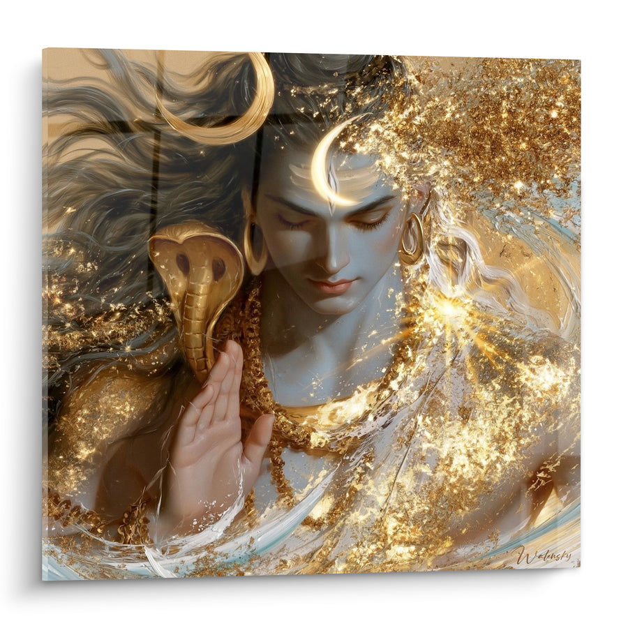 Tableau Visage bleuté et doré à la main levée - Cobra doré à collerette - Edition Shiva