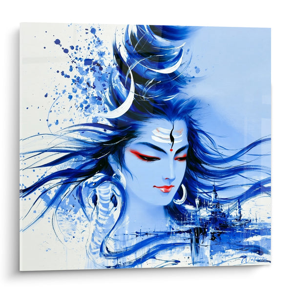 Tableau Visage bleu et blanc aux éclaboussures d'encre - Cité miniature flottante - Edition Shiva