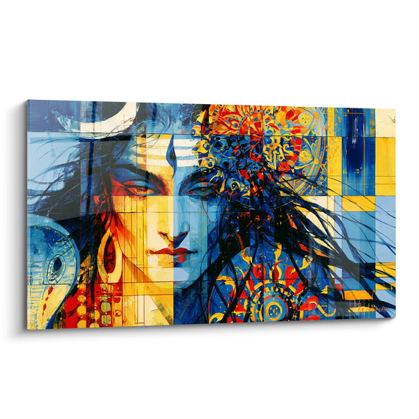 Tableau Visage bleu et jaune aux mandalas géométriques - Croissant lunaire blanc - Edition Shiva
