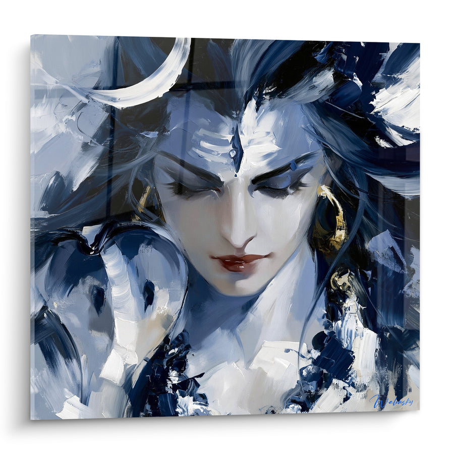 Tableau Shiva visage bleu marine et blanc au tilak - Silence méditatif - Edition Shiva