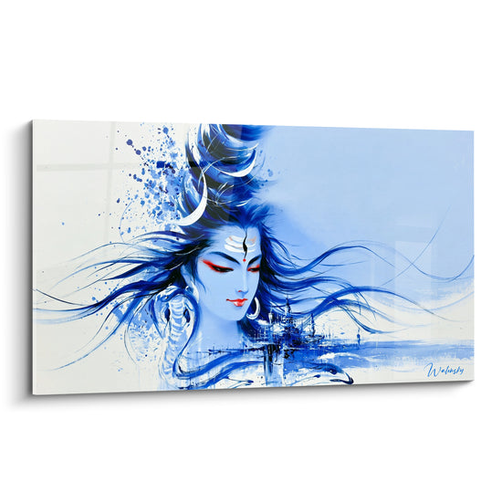 Tableau Visage bleu aux mèches indigo et ville flottante - Songe divin - Edition Shiva
