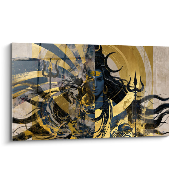 Golden Shiva Painting with Midnight Blue Tridents - Awakening of the Third Eye - Shiva Edition