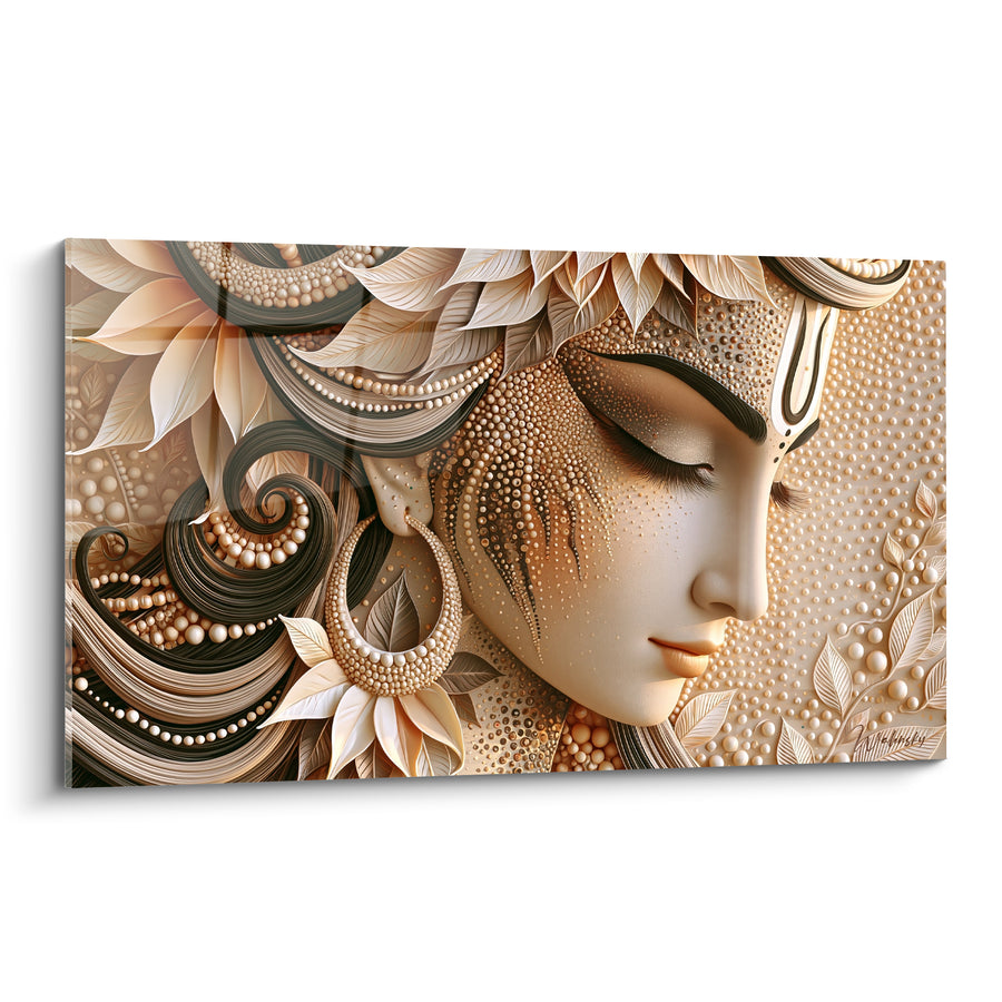 Tableau Visage doré aux perles ivoire ornementales - Sérénité dorée - Edition Shiva