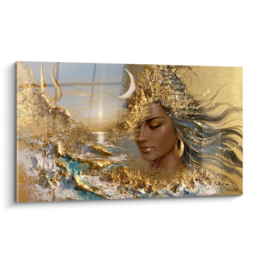 Tableau Visage doré et turquoise aux vagues écumantes - Boucle d'oreille ronde - Edition Shiva