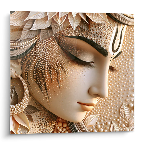 Tableau Visage ivoire aux perles et feuilles dorées - Sérénité intérieure - Edition Shiva