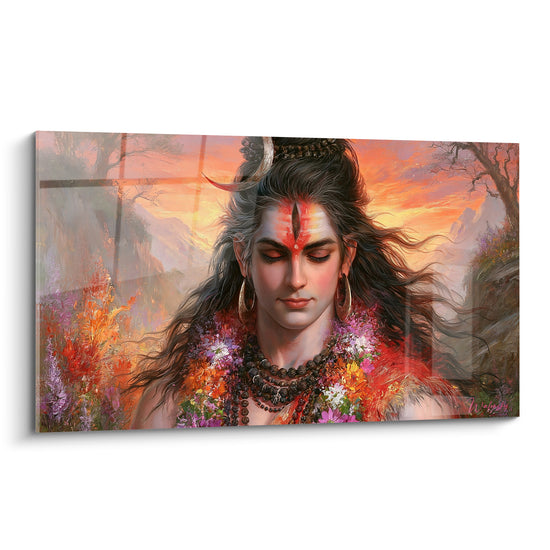 Tableau Visage blanc et orange au collier de perles brunes - Guirlande de fleurs multicolores - Edition Shiva