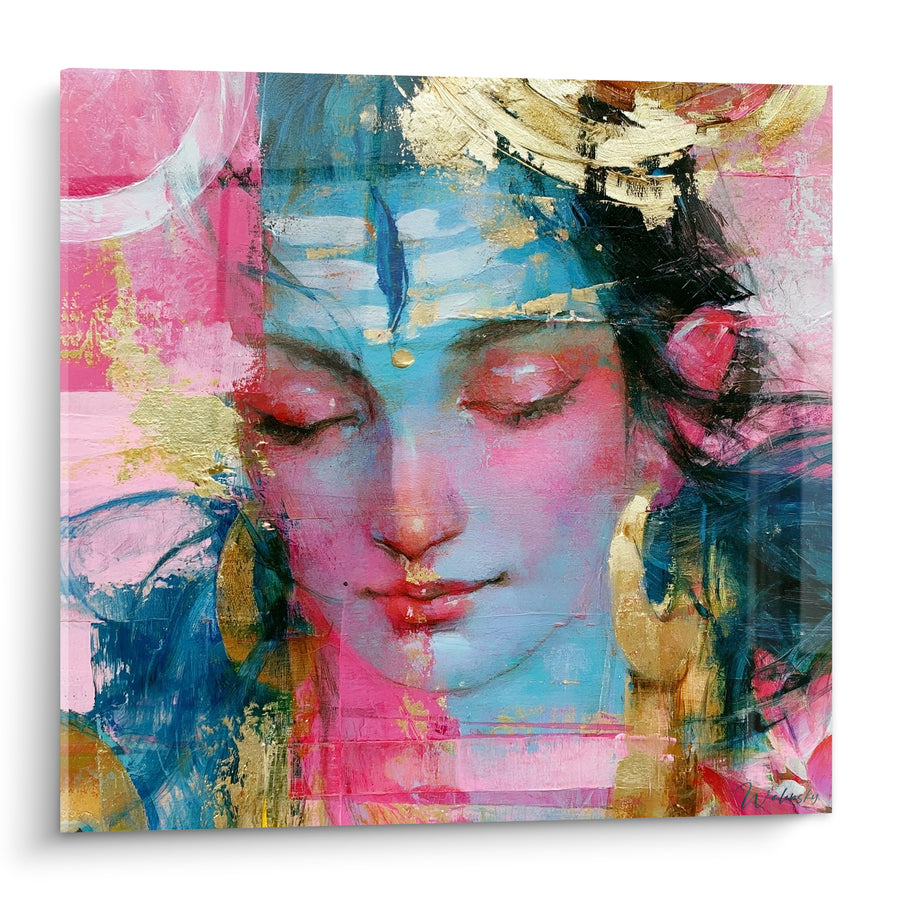 Tableau Visage rose et bleu troisième œil doré - Recueillement intérieur - Edition Shiva