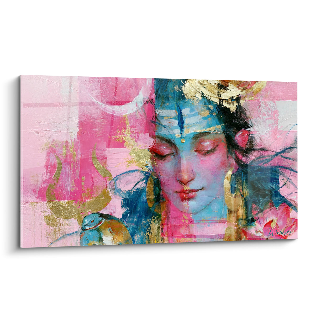 Shiva aux yeux clos, visage rose et bleu turquoise, touches dorées et fleur de lotus