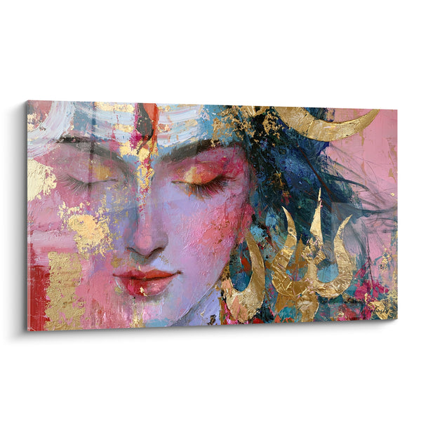 Tableau Visage rose et bleu au trident doré ouvragé - Boucle d'oreille dorée - Edition Shiva