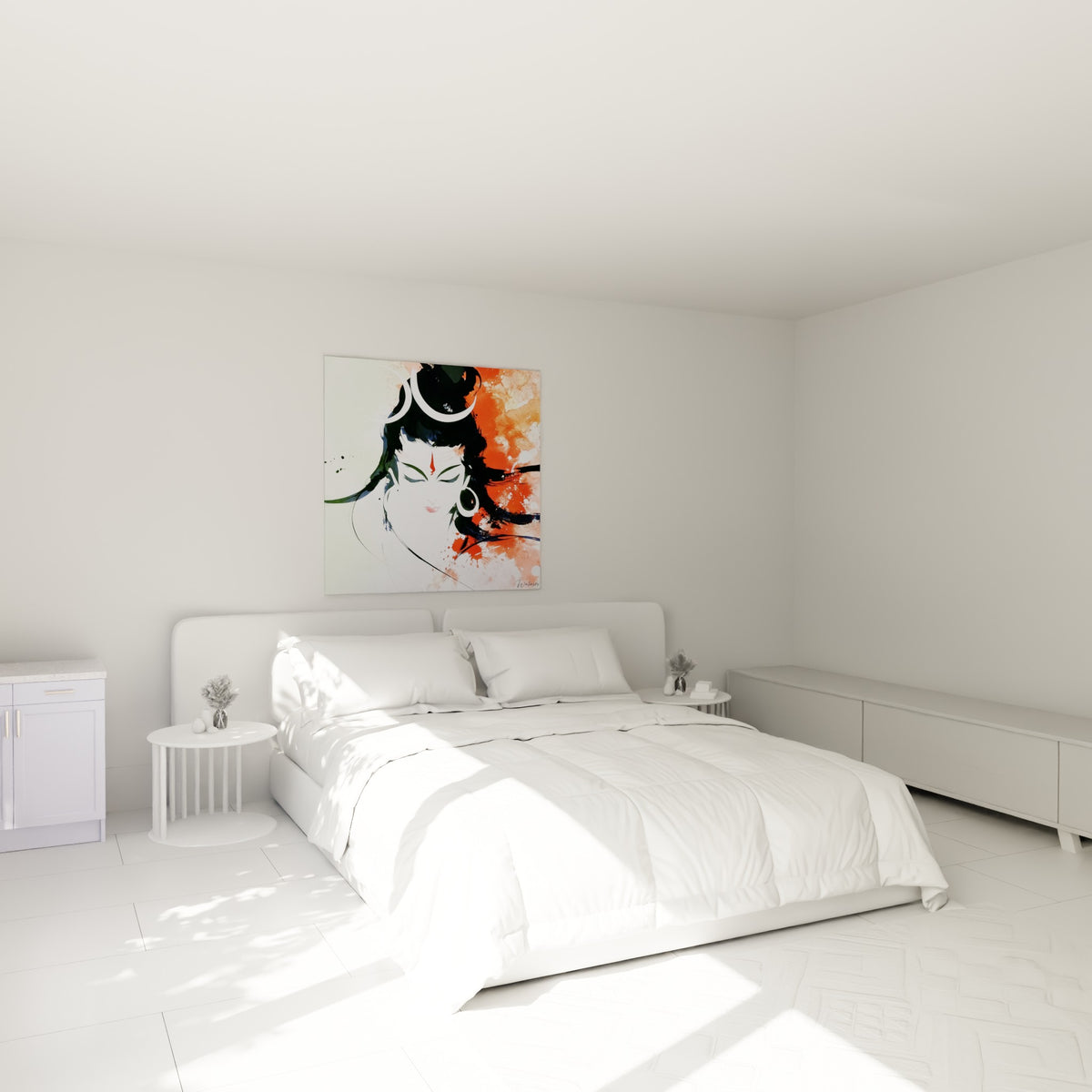 Shiva serein en blanc et orange accroché au-dessus d'un lit dans une chambre claire