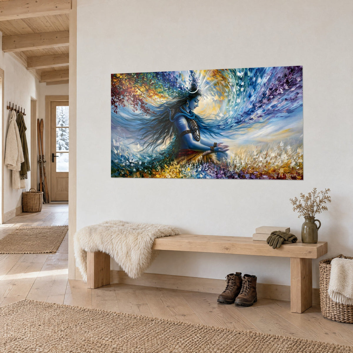 Tableau Shiva méditant en peinture à l'huile, peau azur, crinière noire et fond ocre doré, sur un mur blanc de chalet