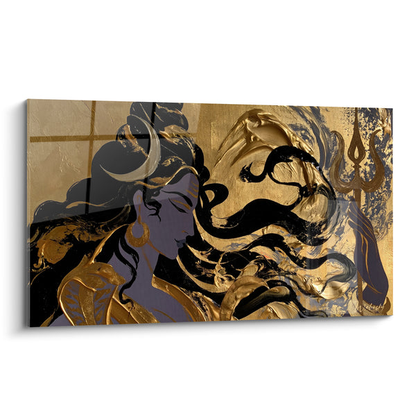 Tableau Divinité dorée aux mèches noires ondulantes - Méditation sacrée - Edition Shiva