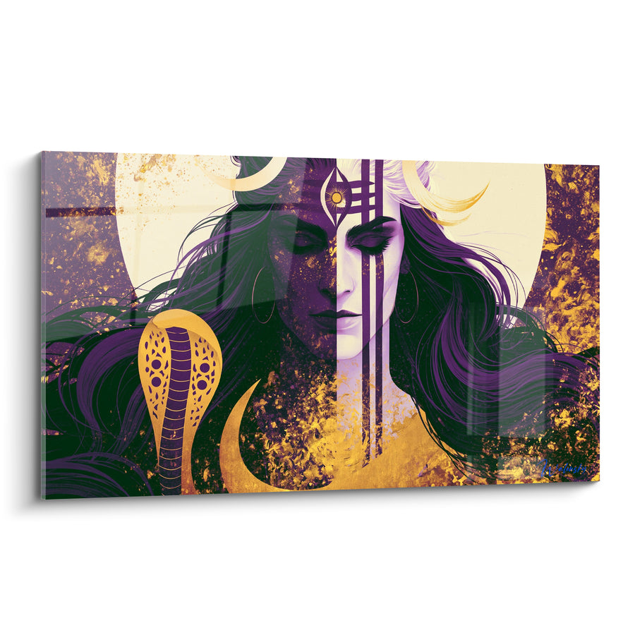 Tableau Visage violet et doré aux boucles d'oreilles rondes - Double croissant lunaire jumeau - Edition Shiva