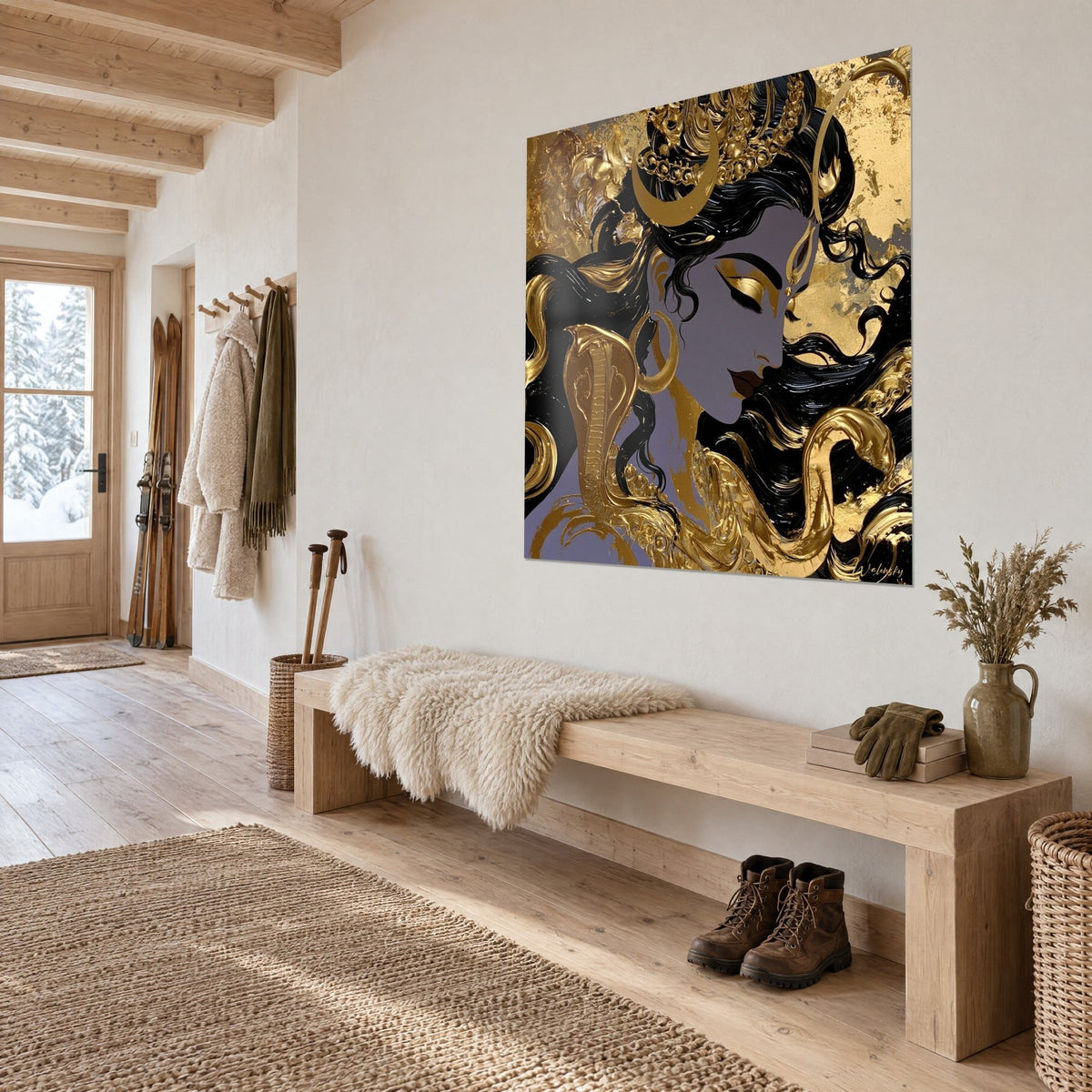 Gemälde Shiva mit goldenen Lidern und Halbmond, ebenholzschwarze Strähnen, zusammengerollte Kobra, dreiviertel Ansicht im Eingangsbereich