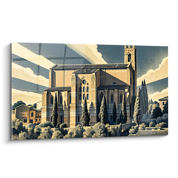 Tableau Basilique toscane aux tons ocre et bleu - Lumière du couchant - Edition Sienne Toscane Italie