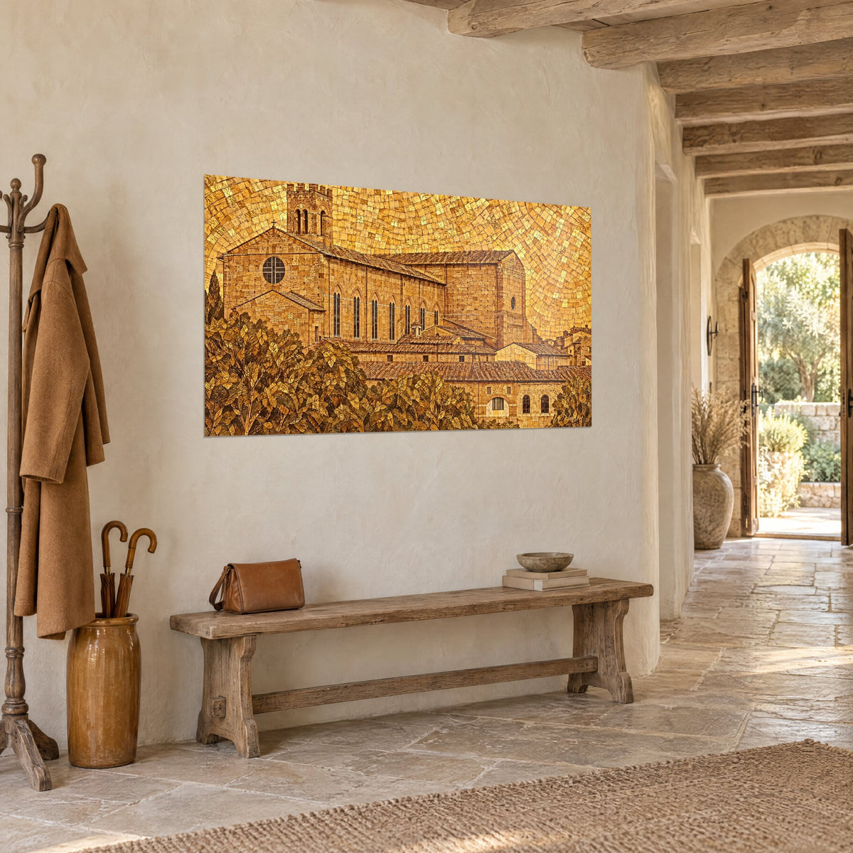 Tableau cathédrale toscane en mosaïque d'or, voûte de tesselles jaune miel et toits cuivrés, mur crépi d'une entrée en pierre