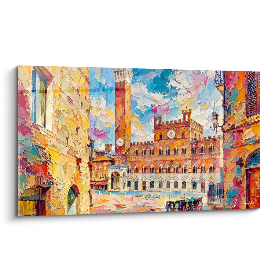 Schilderij Piazza ocker met kleurrijke gevels - Italiaanse flaneerpartij - Editie Siena Toscane Italië
