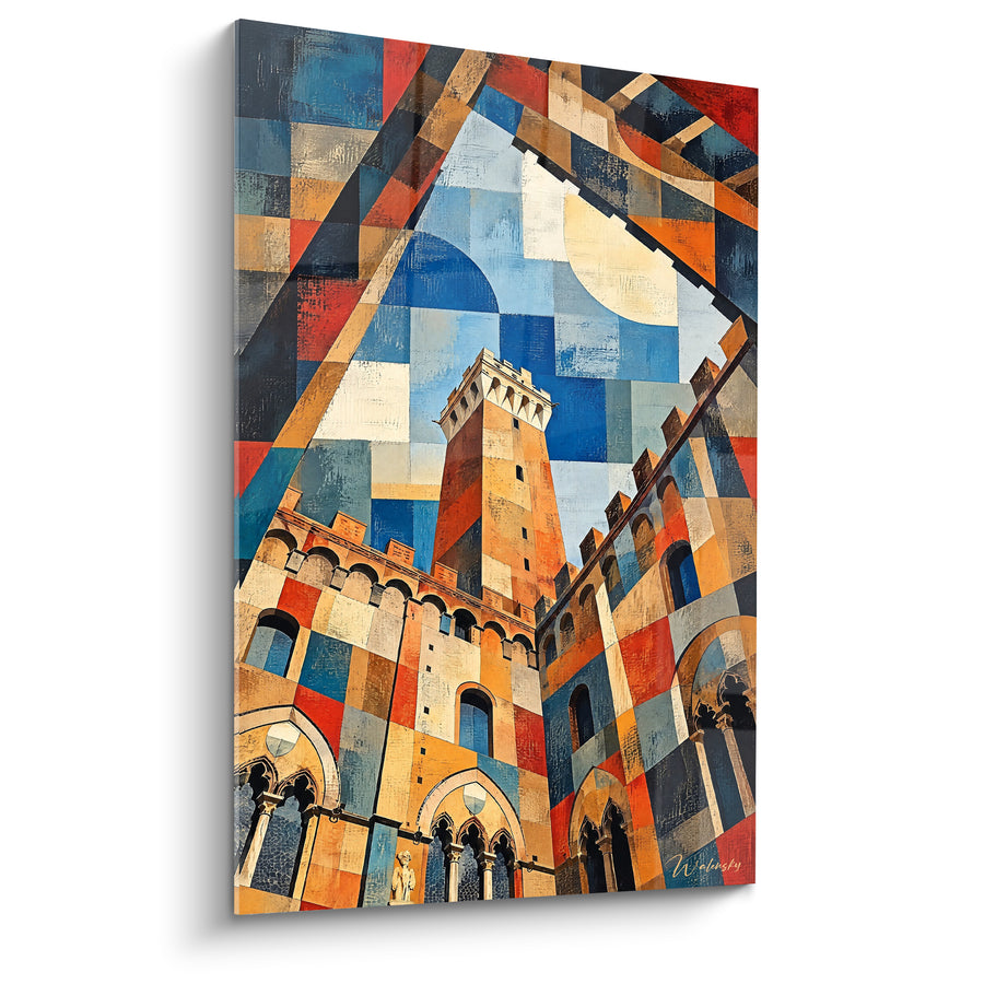 Schilderij Tour Mangia okergeel en blauw geometrisch - Toscaanse visie - Editie Siena Toscane Italië