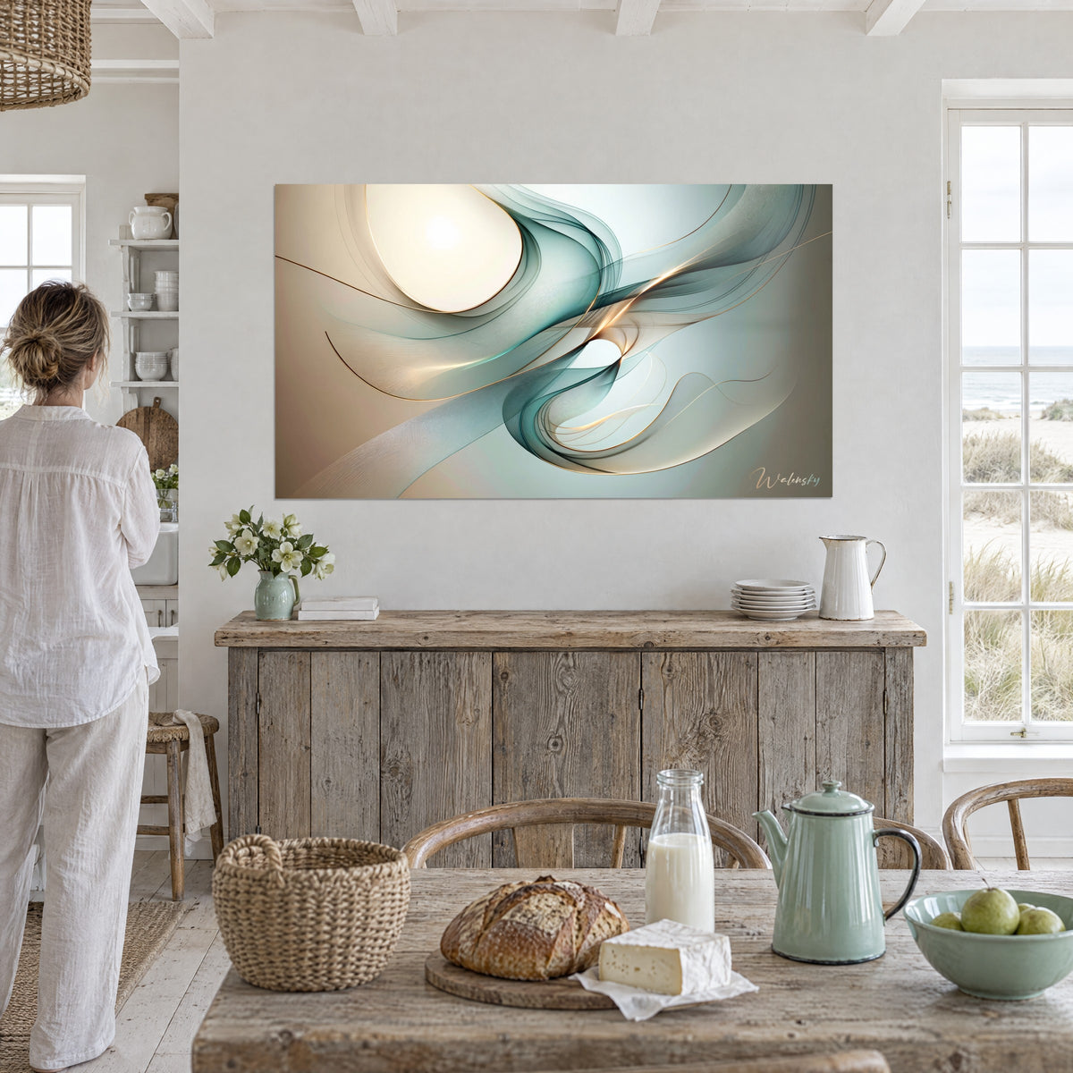Wall art of undulating jade-green silk veils on a taupe background, ivory glow and golden thread, in an open kitchen overlooking the dunes