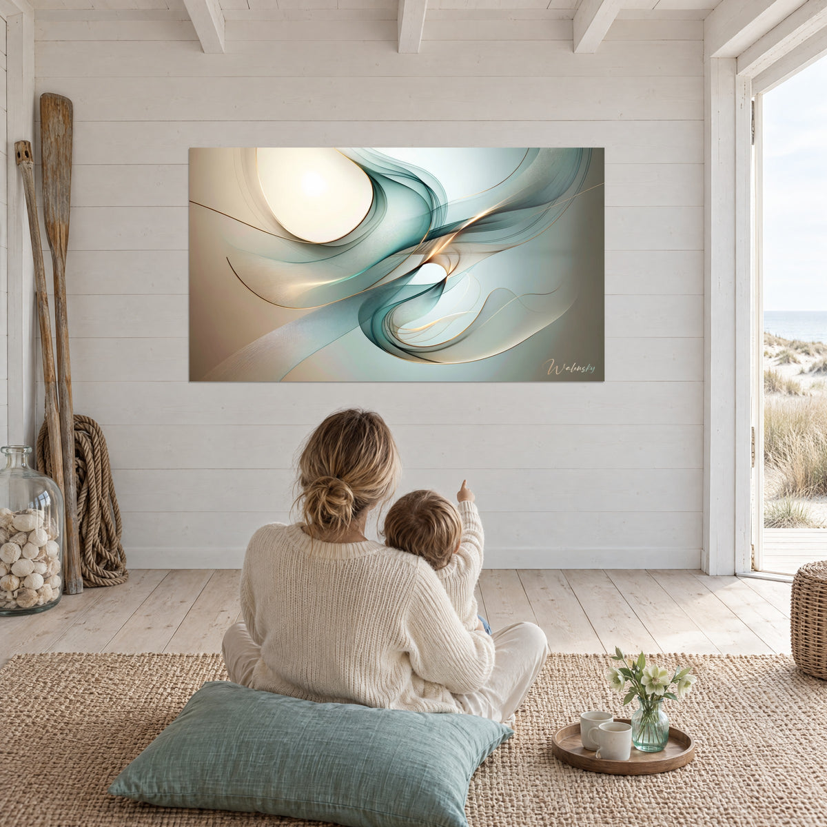 Wall art of sculpted, airy ribbons in teal and beige, luminous ivory circle, facing a mother and child seated on a rug