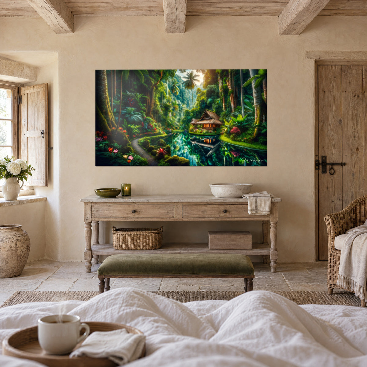 Cuadro cabaña con techo de hojas de palma entre palmeras gigantes, verde suave y rosa fucsia, sendero sinuoso, encima de una cama en un dormitorio luminoso